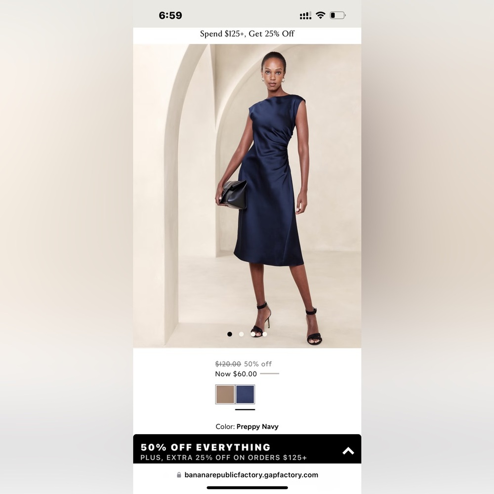 Shirred-side satin midi dress kaki Banana Republic Factory